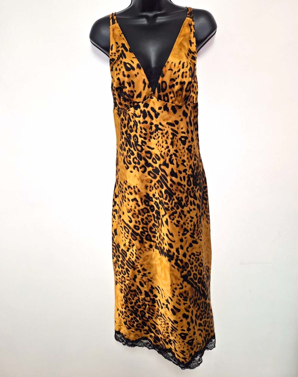 Y2K Satin Leopard Lace Slip Maxi Dress sz M